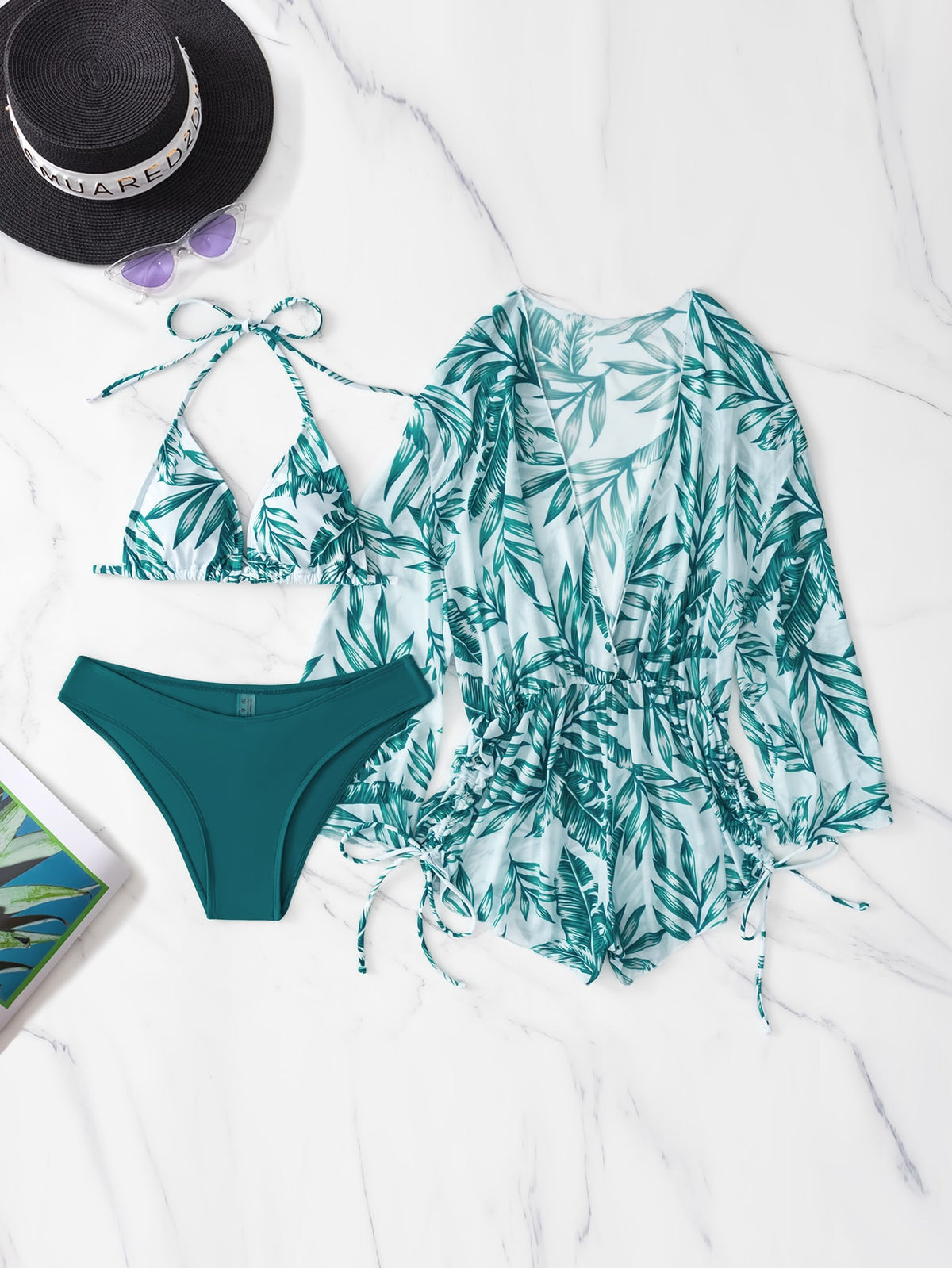 Biquíni Cortininha Feminino de Amarrar + Saída de Praia Tropical