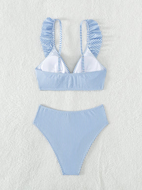 Biquíni Alta Sustentação Listrado Cintura Alta com Babado