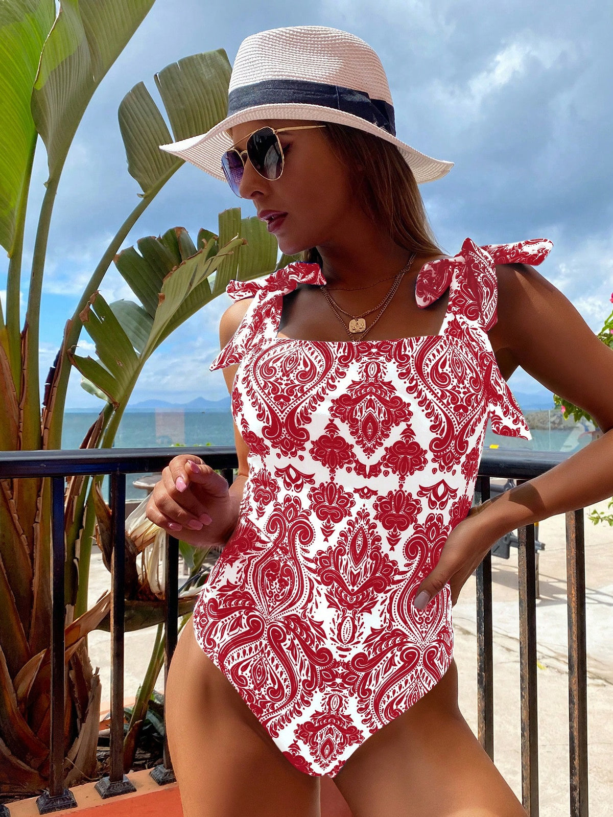 Maiô Feminino Vintage Boho com Laço no Ombro